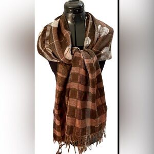 Brown Plaid Heart Scarf/ Wrap XL Has some pink strips very long with fringe